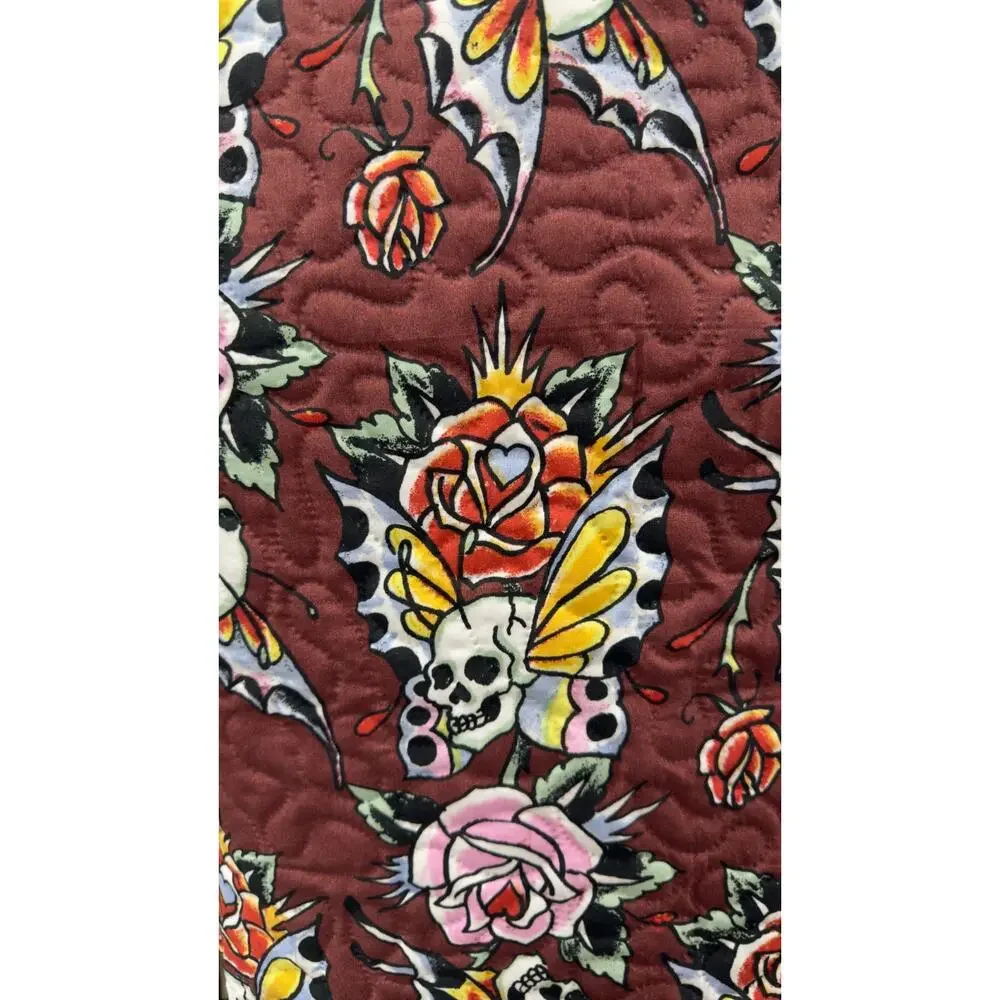 Ed Hardy 3-Piece Maroon Tattoo Skulls/Roses Queen Quilt Set - NEW - Picture 4 of 4